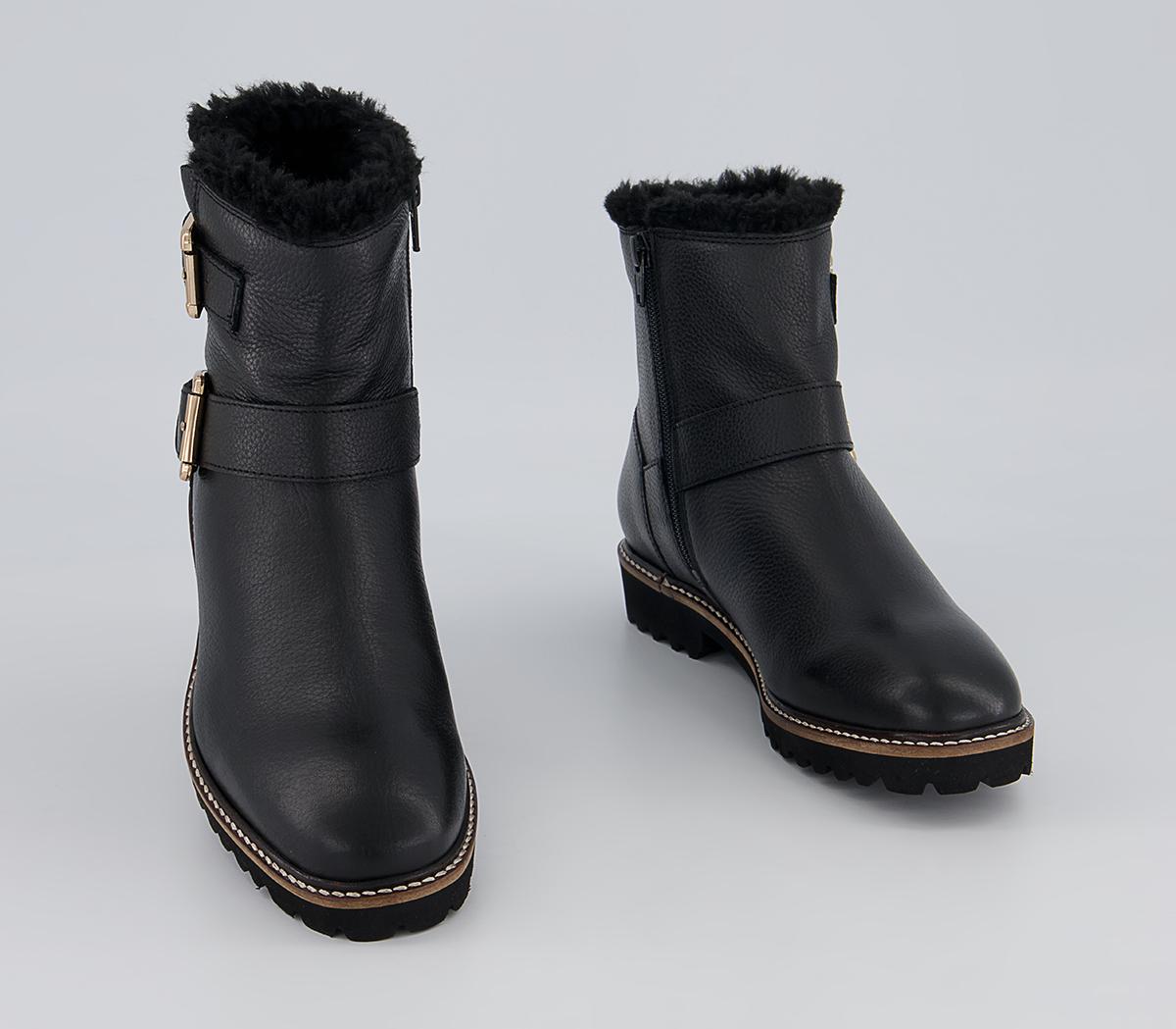 Office Apologetic Fur-Trimmed Buckle Flat Ankle Boots Office Apologetic Fur-Trimmed Buckle Flat Ankle Boots Black Leather
