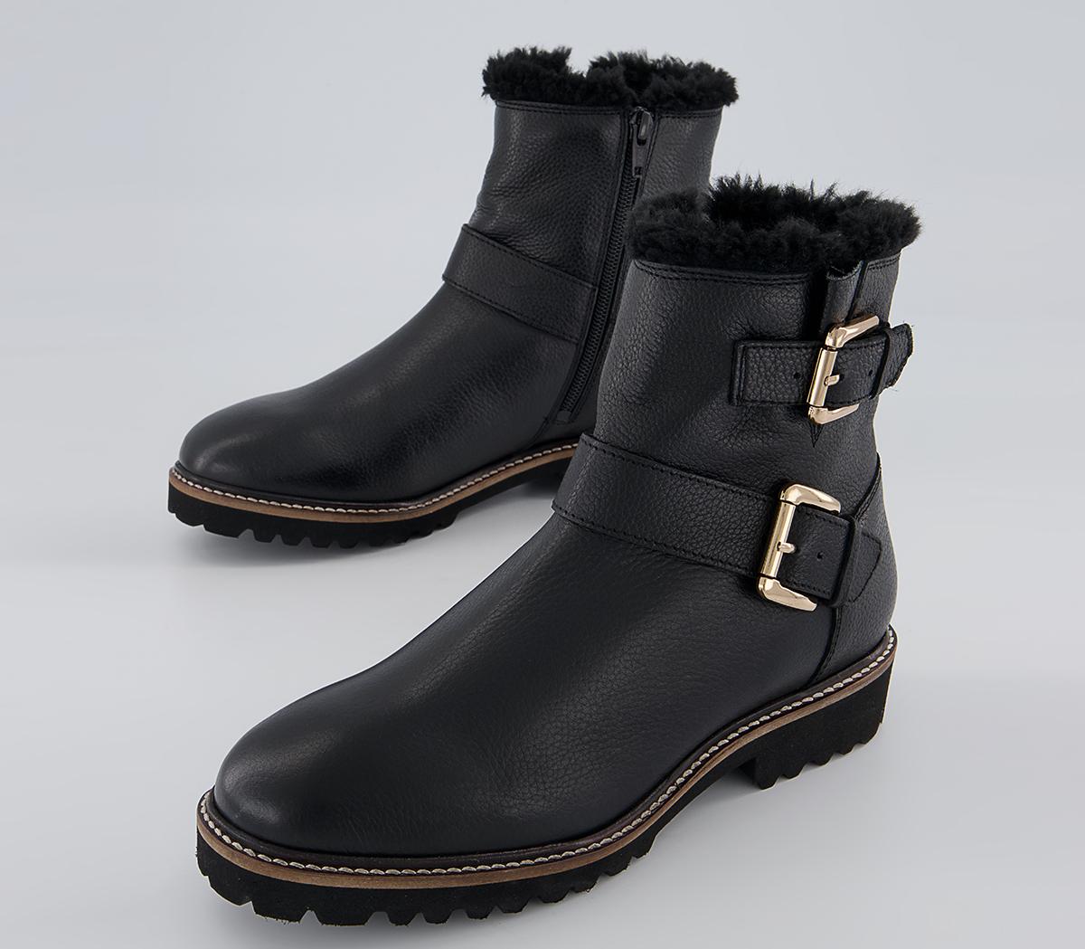 Office Apologetic Fur-Trimmed Buckle Flat Ankle Boots Office Apologetic Fur-Trimmed Buckle Flat Ankle Boots Black Leather