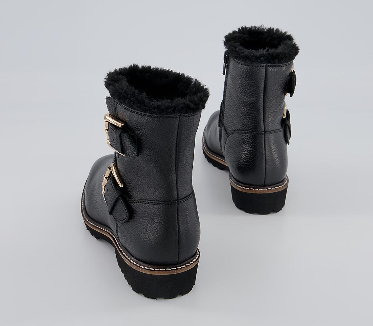 Office Apologetic Fur-Trimmed Buckle Flat Ankle Boots Office Apologetic Fur-Trimmed Buckle Flat Ankle Boots Black Leather