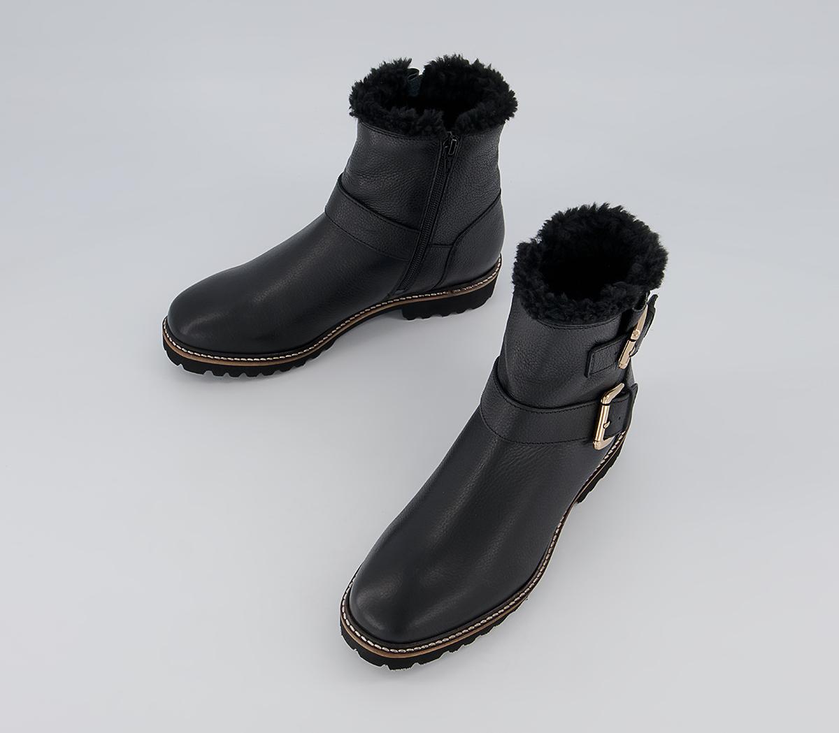 Office Apologetic Fur-Trimmed Buckle Flat Ankle Boots Office Apologetic Fur-Trimmed Buckle Flat Ankle Boots Black Leather