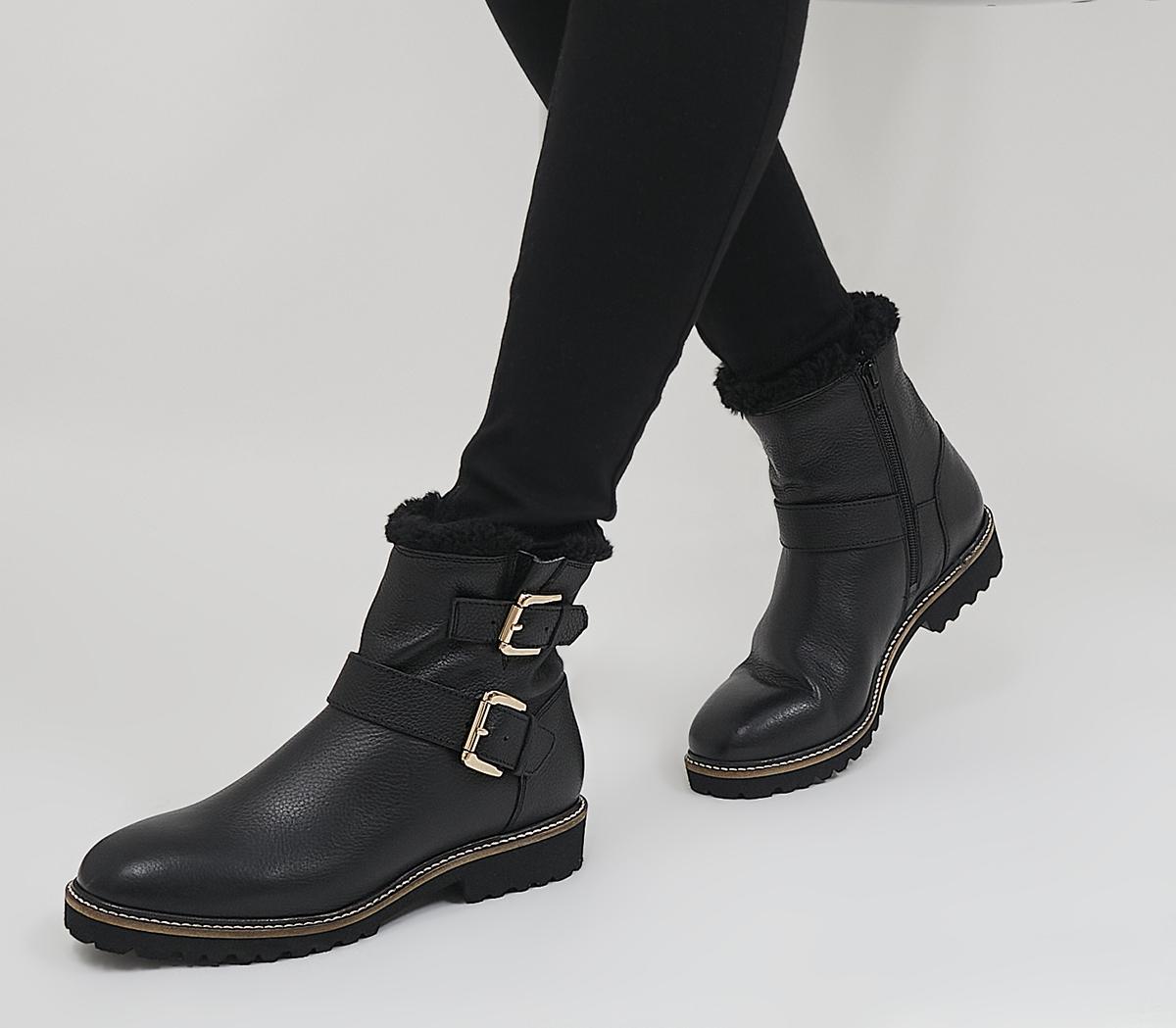 OfficeApologetic Fur-Trimmed Buckle Flat Ankle BootsBlack Leather