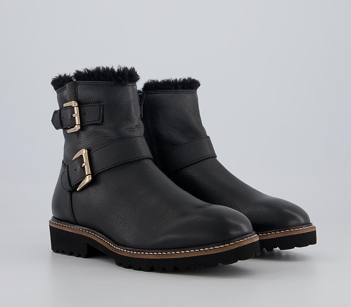 Office Apologetic Fur-Trimmed Buckle Flat Ankle Boots Office Apologetic Fur-Trimmed Buckle Flat Ankle Boots Black Leather