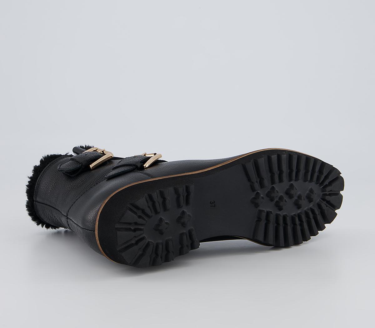 Office Apologetic Fur-Trimmed Buckle Flat Ankle Boots Office Apologetic Fur-Trimmed Buckle Flat Ankle Boots Black Leather