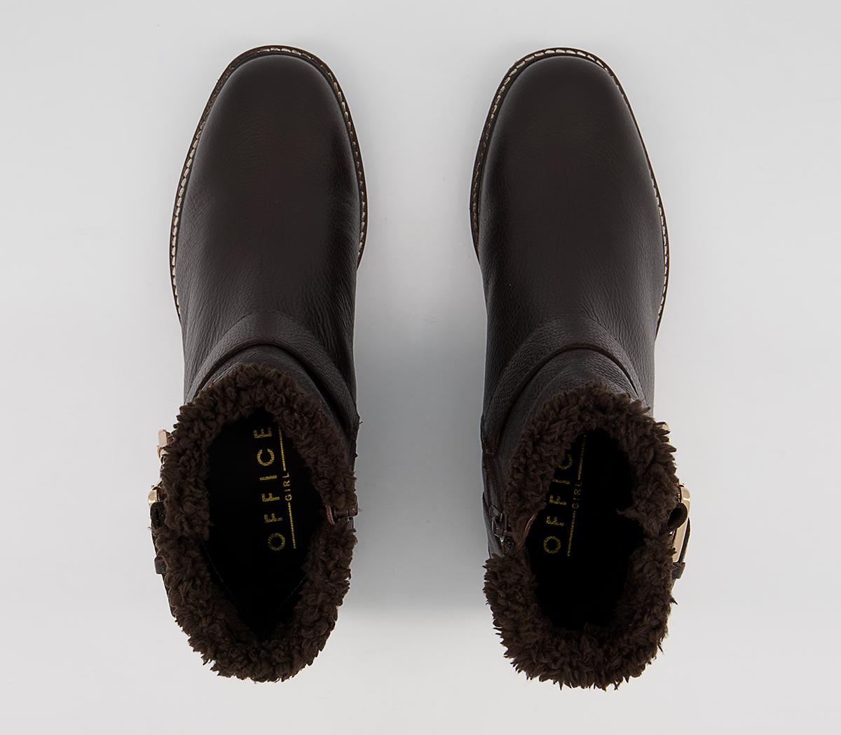 Office Apologetic Fur-Trimmed Buckle Flat Ankle Boots Office Apologetic Fur-Trimmed Buckle Flat Ankle Boots Chocolate Leather