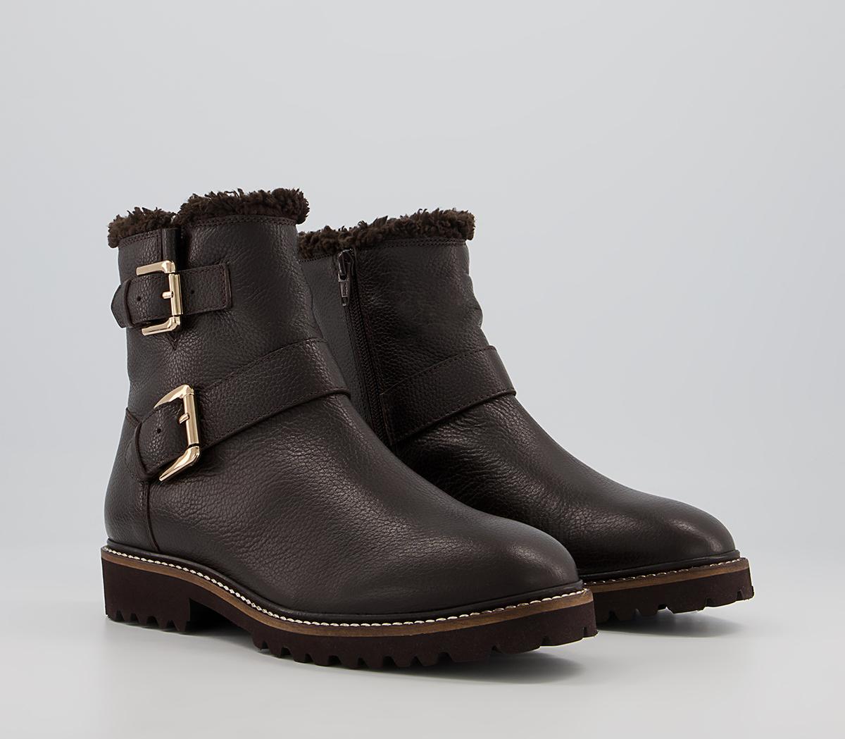 Office Apologetic Fur-Trimmed Buckle Flat Ankle Boots Office Apologetic Fur-Trimmed Buckle Flat Ankle Boots Chocolate Leather