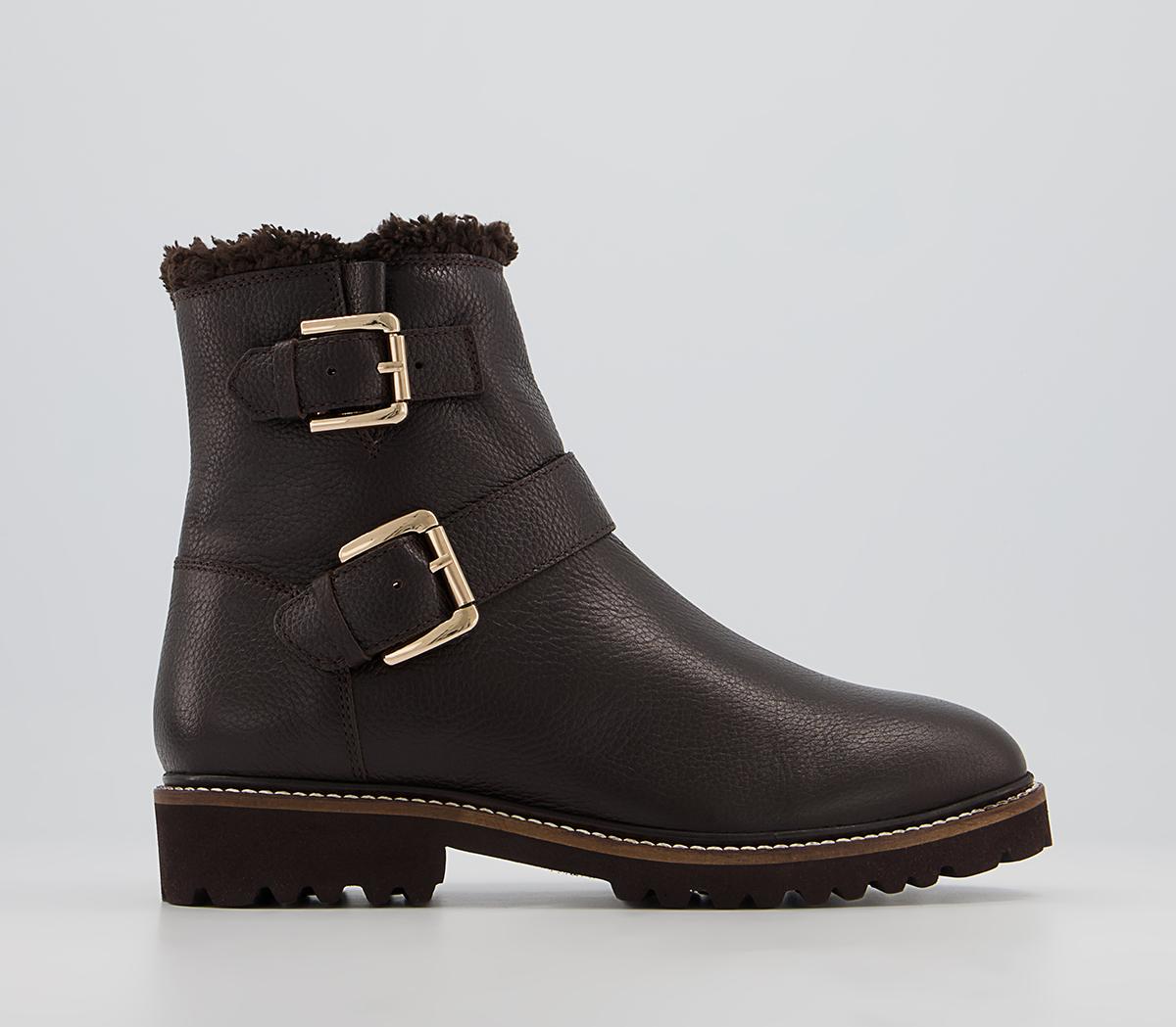Office Apologetic Fur-Trimmed Buckle Flat Ankle Boots Office Apologetic Fur-Trimmed Buckle Flat Ankle Boots Chocolate Leather