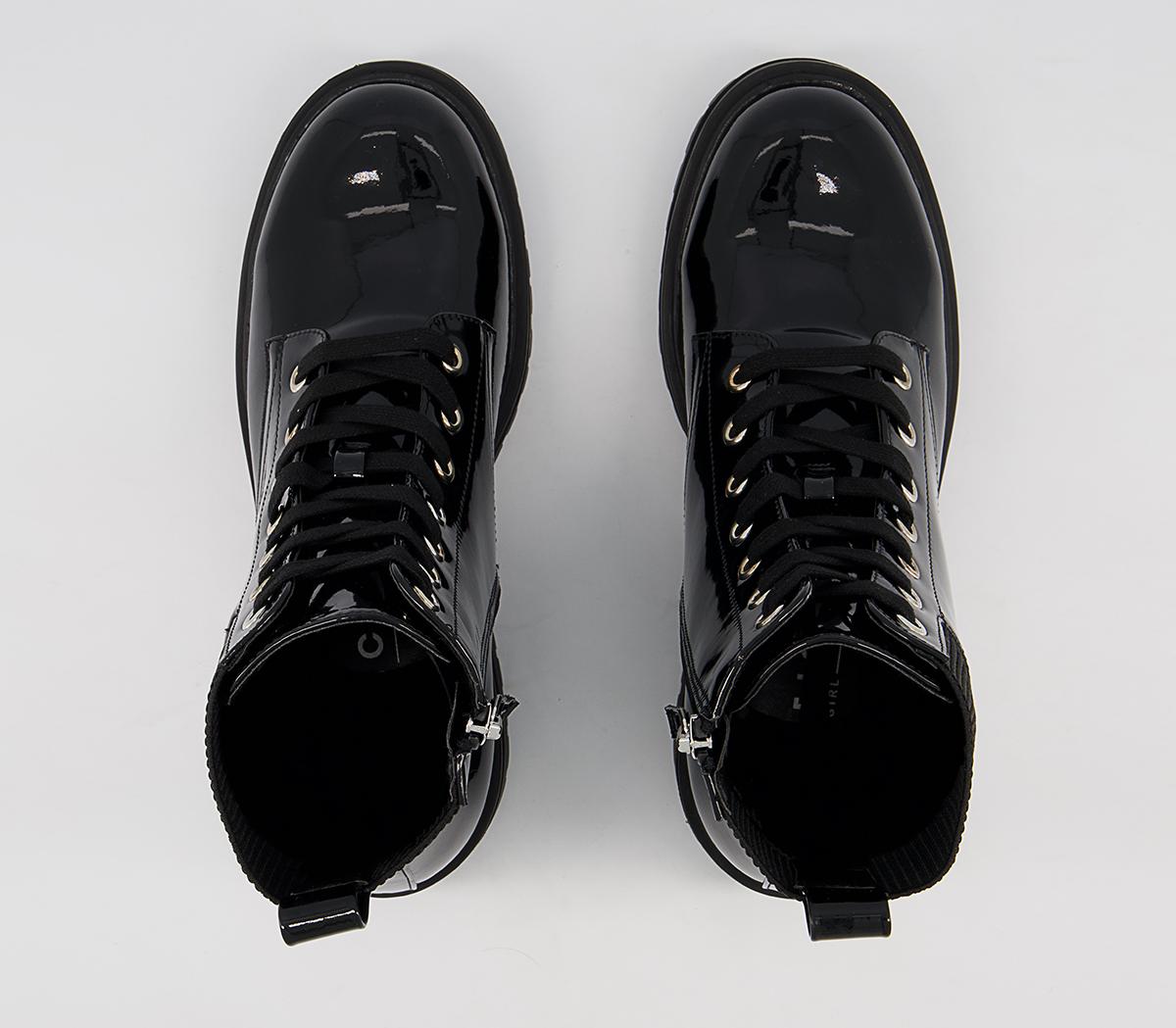 OFFICEAmira Patent Ribbed Elastic Lace Up Ankle BootsBlack Patent
