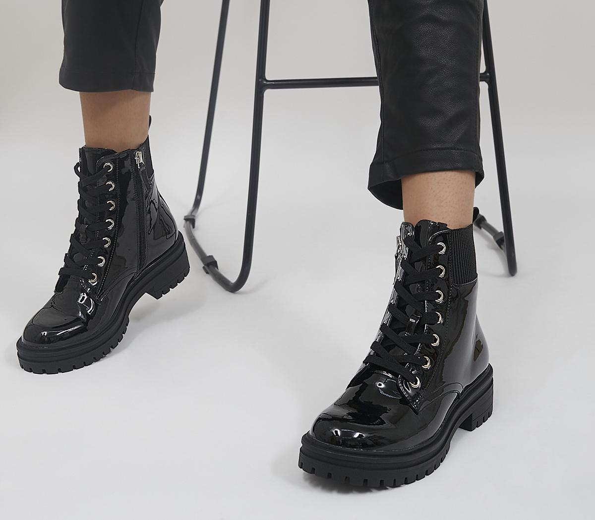 OfficeAmira Patent Ribbed Elastic Lace Up Ankle BootsBlack Patent
