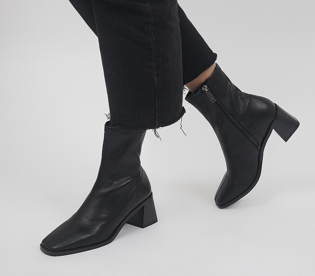 OfficeAdelina Square Toe Block Heeled Sock Ankle BootsBlack Stretch