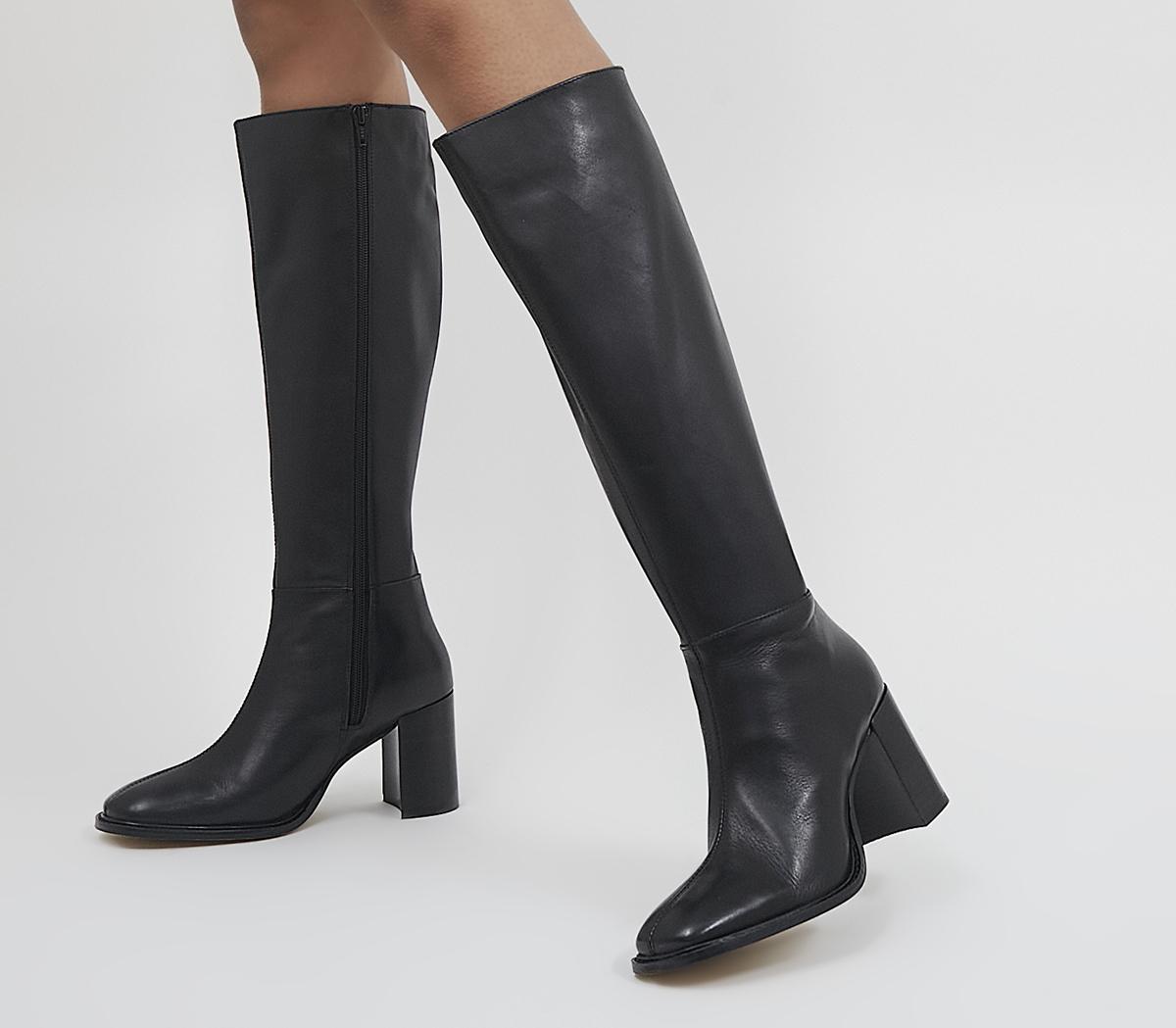 OFFICE Kennet Easy Smart Block Heel Boots Black Leather - Knee High Boots
