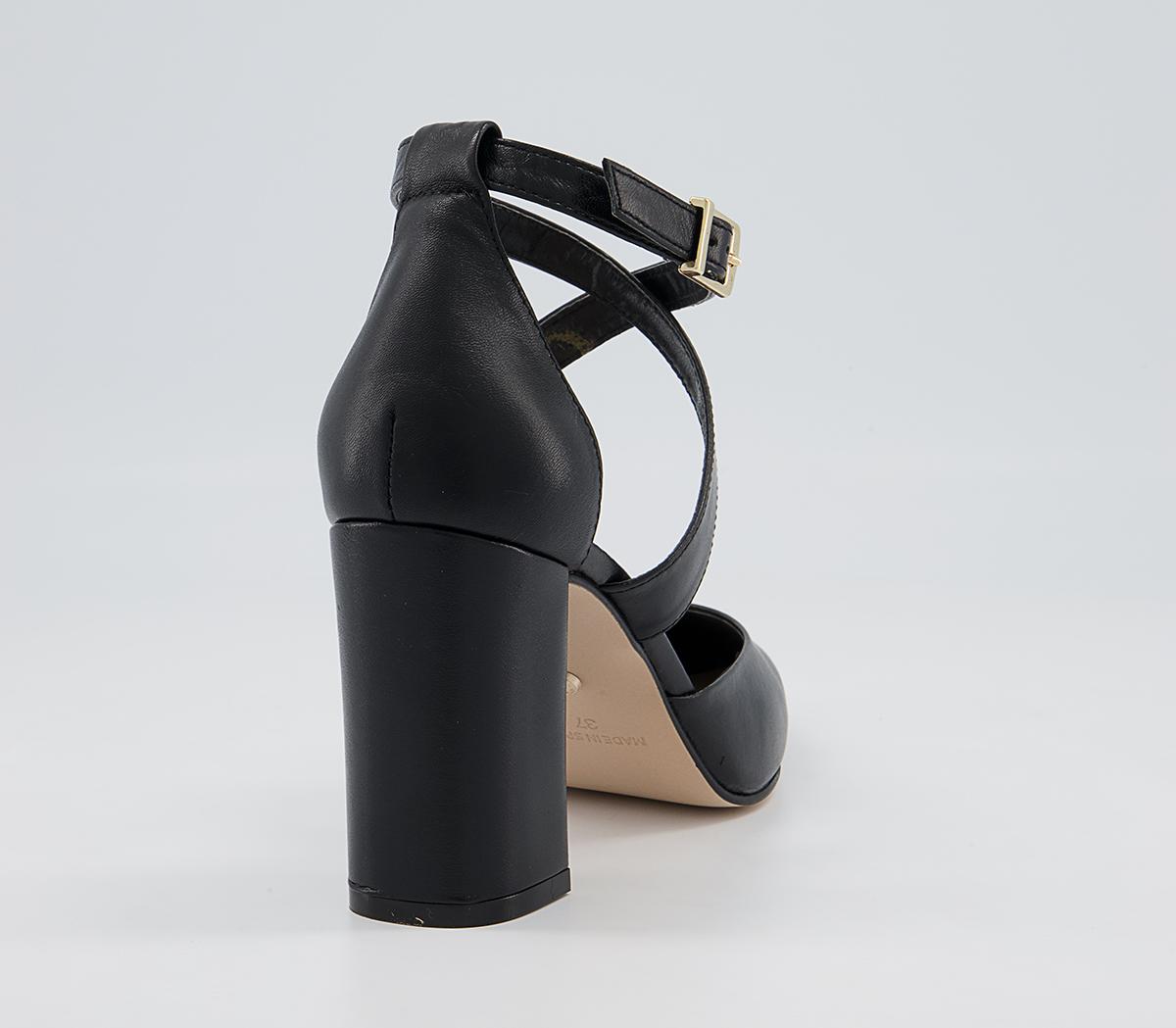 Office Marne Cross Over Pointed Court Block Heels Black Leather - Mid Heels