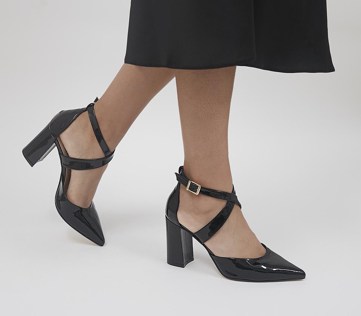 OFFICEMarne Cross Over Pointed Court Block HeelsBlack Patent Leather
