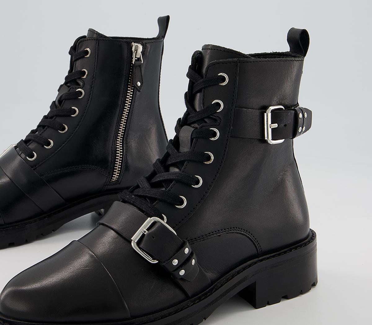 Office Ambrosa Lace Up Strappy Studded Boots Black Leather - Womens Boots