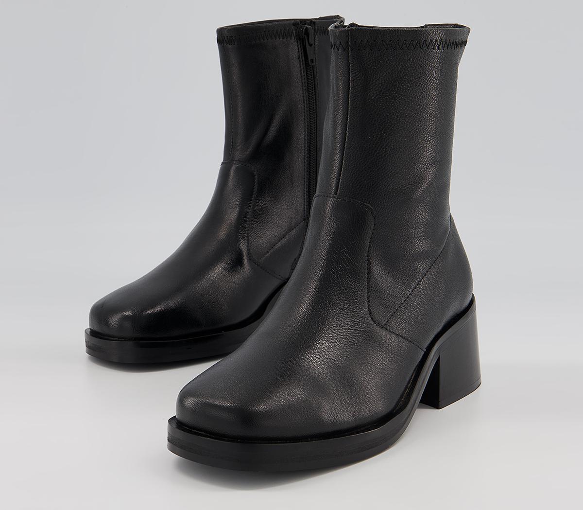 Office Adventure Plain Block Heel Sock Boots Office Adventure Plain Block Heel Sock Boots Black Leather