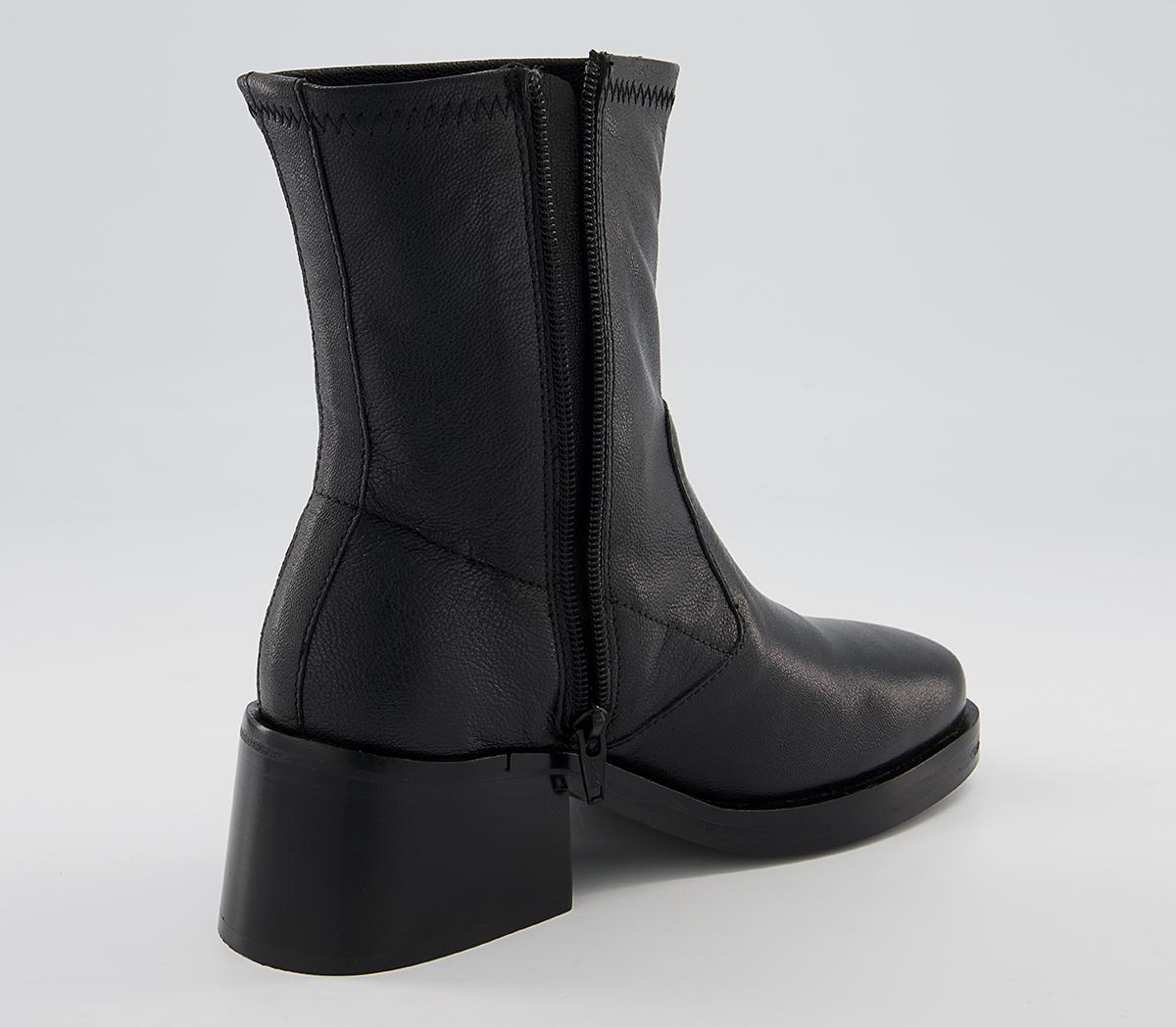 OFFICE Adventure Plain Block Heel Sock Boots Black Leather Women's