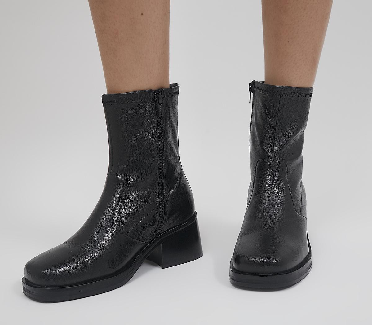 OfficeAdventure Plain Block Heel Sock BootsBlack Leather