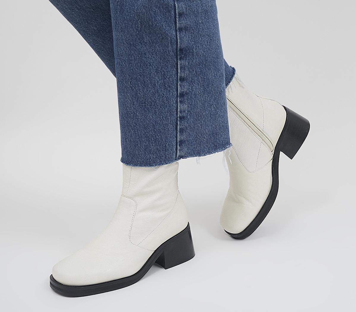 OfficeAdventure Plain Block Heel Sock Ankle BootsOff White Leather