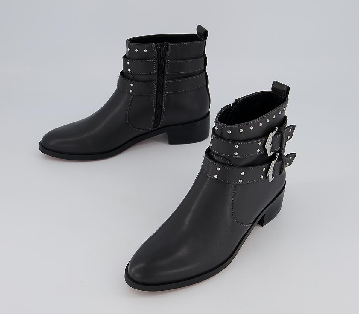 Office Anchor Double Buckle Studded Ankle Boots Office Anchor Double Buckle Studded Ankle Boots Dark Grey Leather