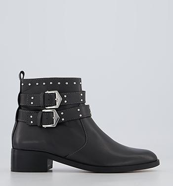 OFFICE Anchor Double Buckle Studded Ankle Boots Dark Grey Leather