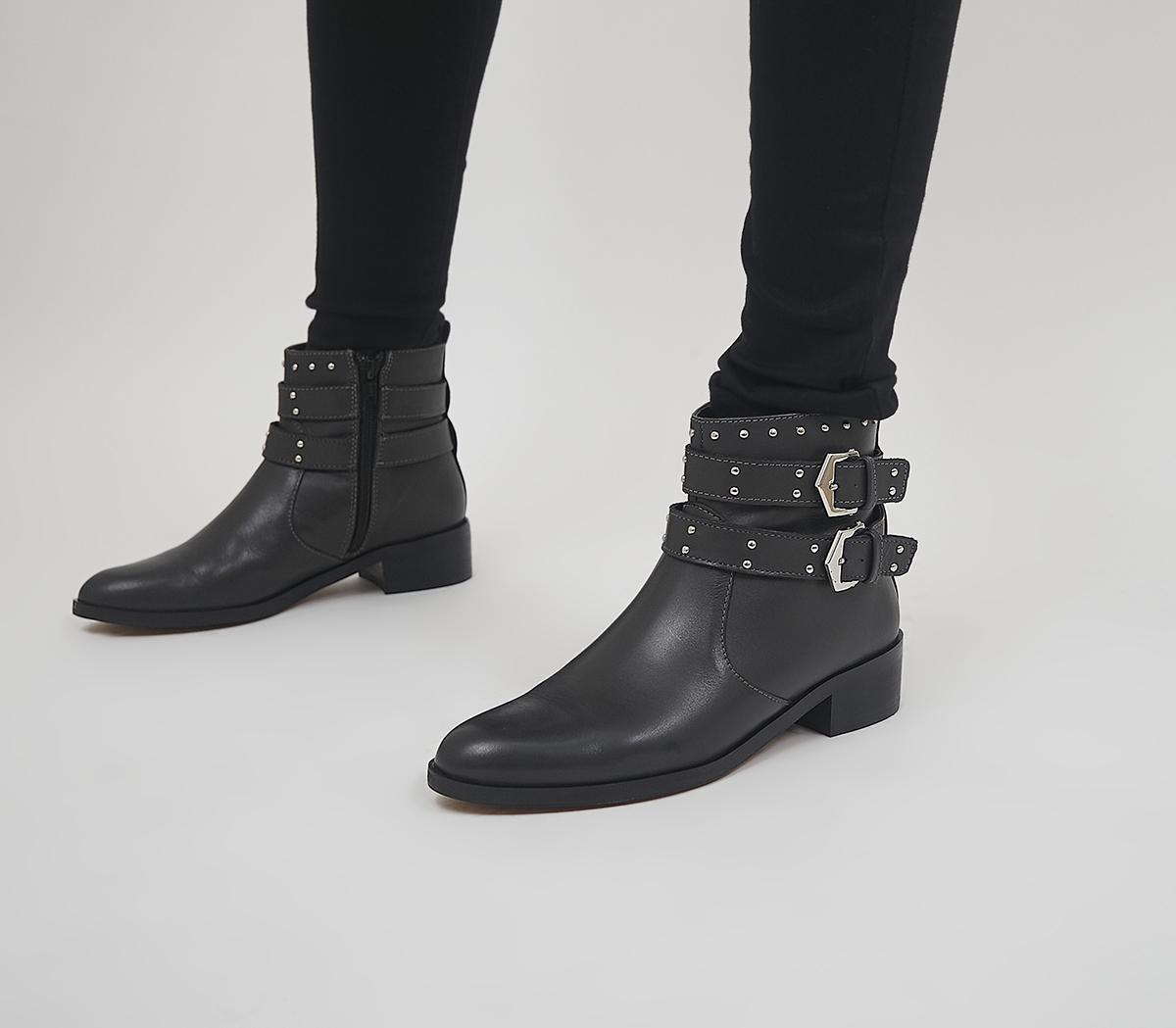 Anchor Double Buckle Studded Ankle Boots Dark Grey Leather
