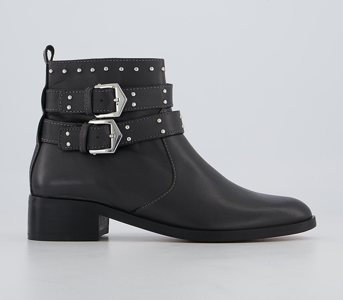 OFFICE Anchor Double Buckle Studded Ankle Boots Dark Grey Leather ...