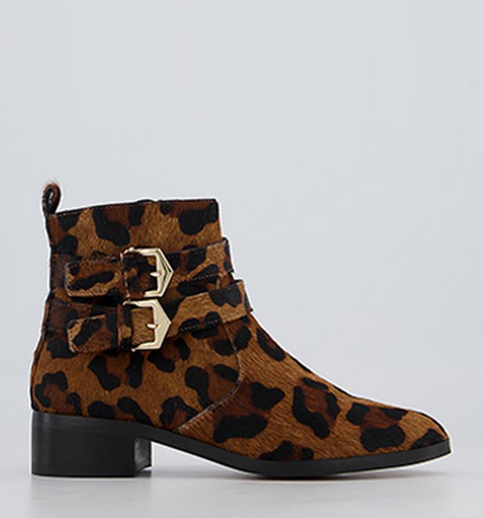 Office Anchor Double Buckle Studded ankle Boots Leopard