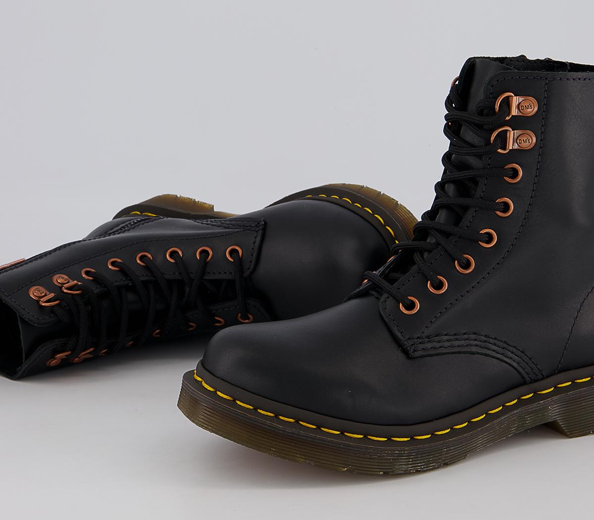 Dr. Martens 8 Eye Rose Gold Hardware Boots Black - Women's Ankle Boots