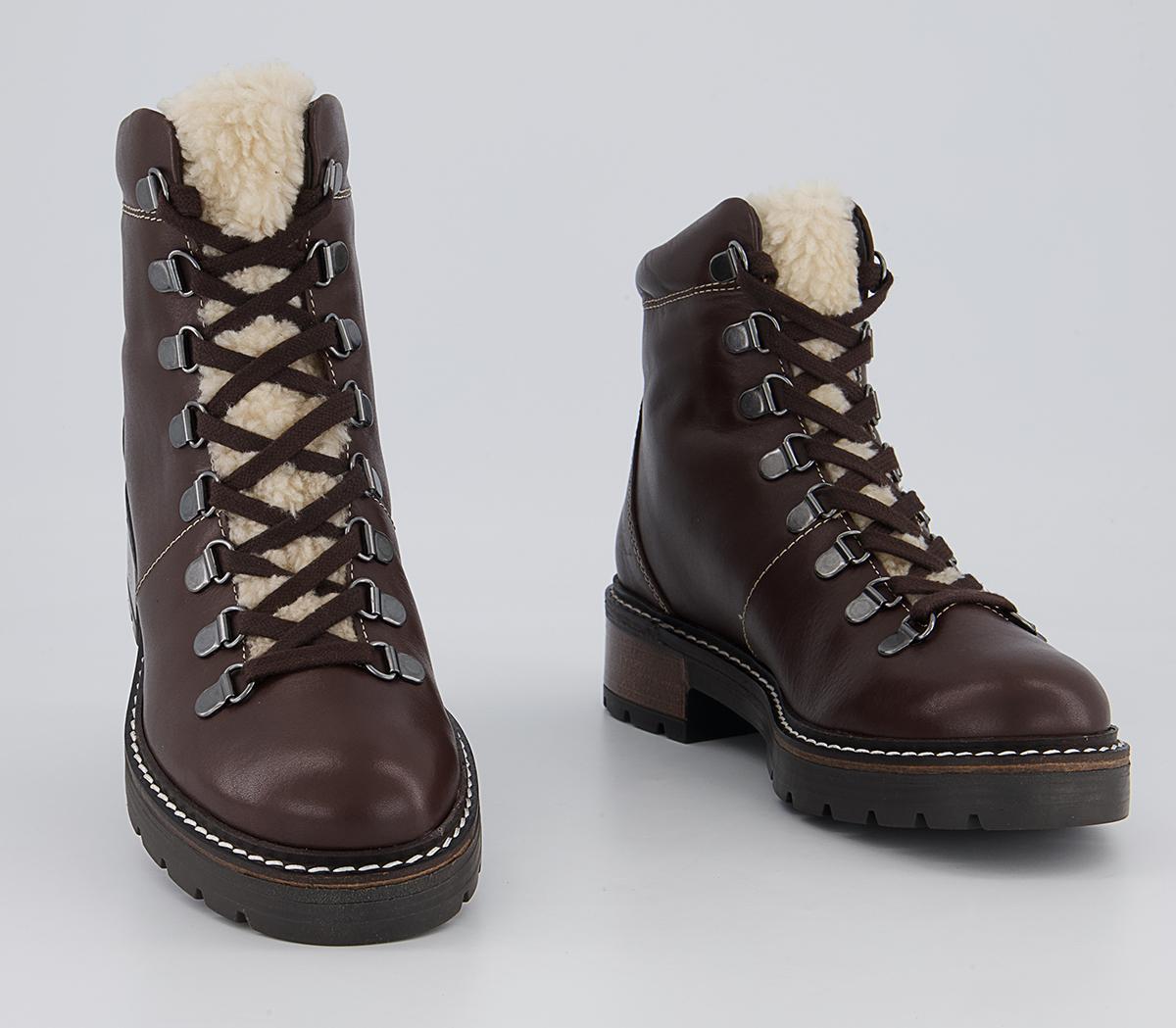 Office Aleea Faux Shearling Lace Up Hiker Ankle Boots Office Aleea Faux Shearling Lace Up Hiker Ankle Boots Brown Leather