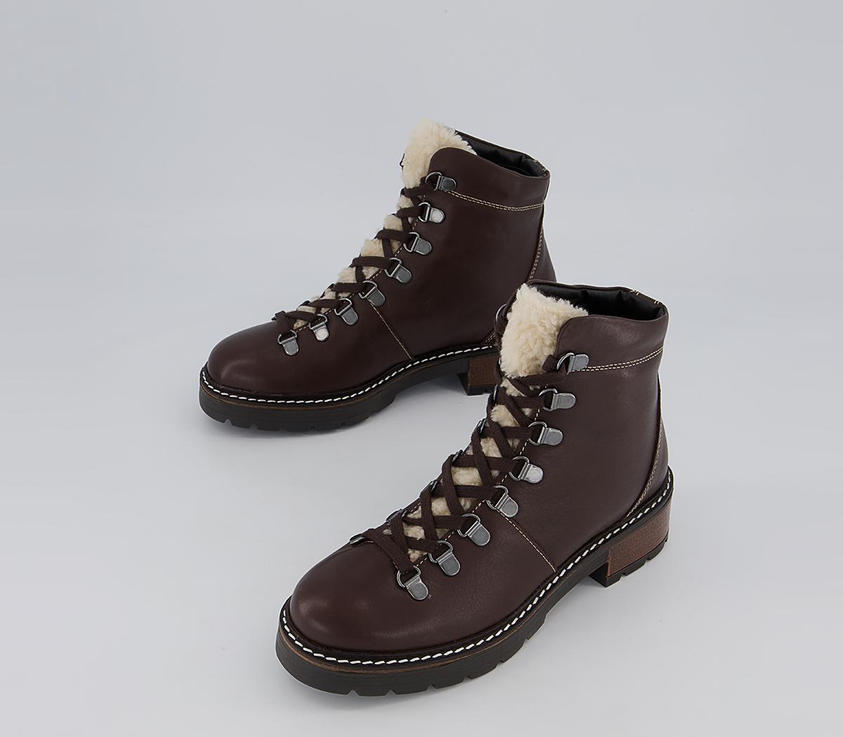 Office Aleea Faux Shearling Lace Up Hiker Ankle Boots Office Aleea Faux Shearling Lace Up Hiker Ankle Boots Brown Leather