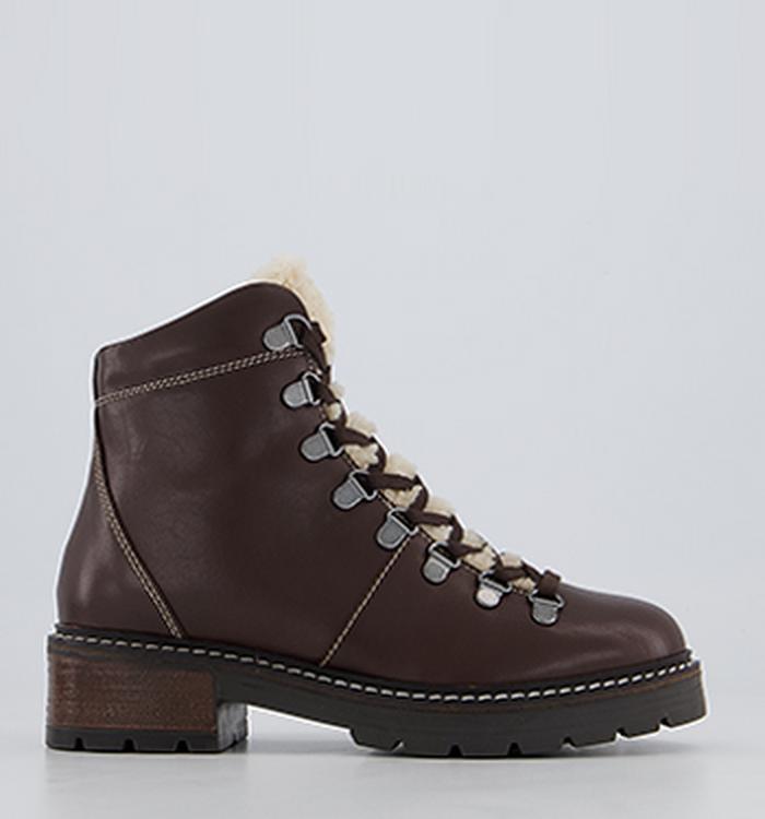Office Aleea Faux Shearling Lace Up Hiker Ankle Boots Brown Leather