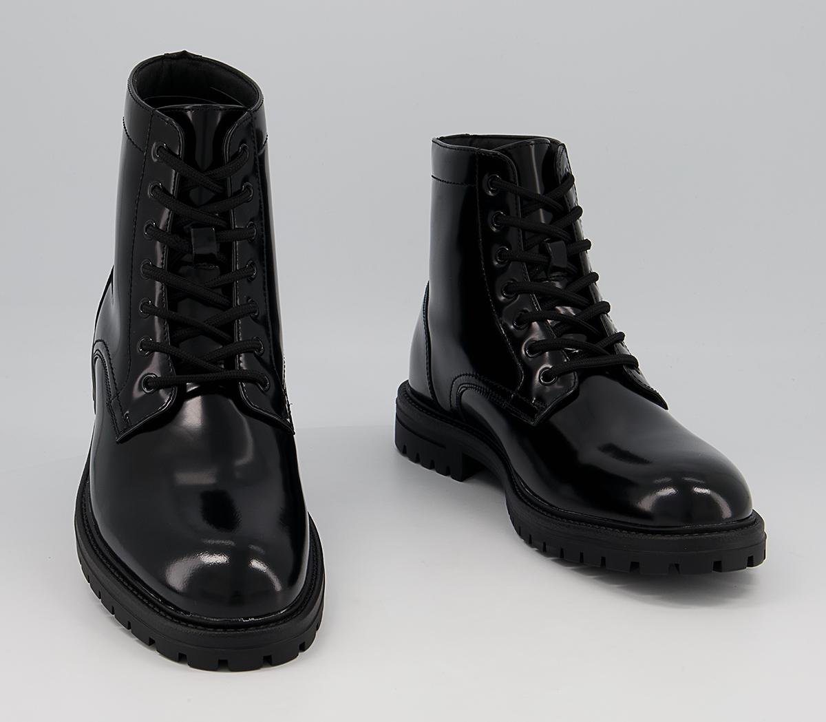 Office Bicester Round Toe Cleated Sole Lace Boots Office Bicester Round Toe Cleated Sole Lace Boots Black High Shine Leather