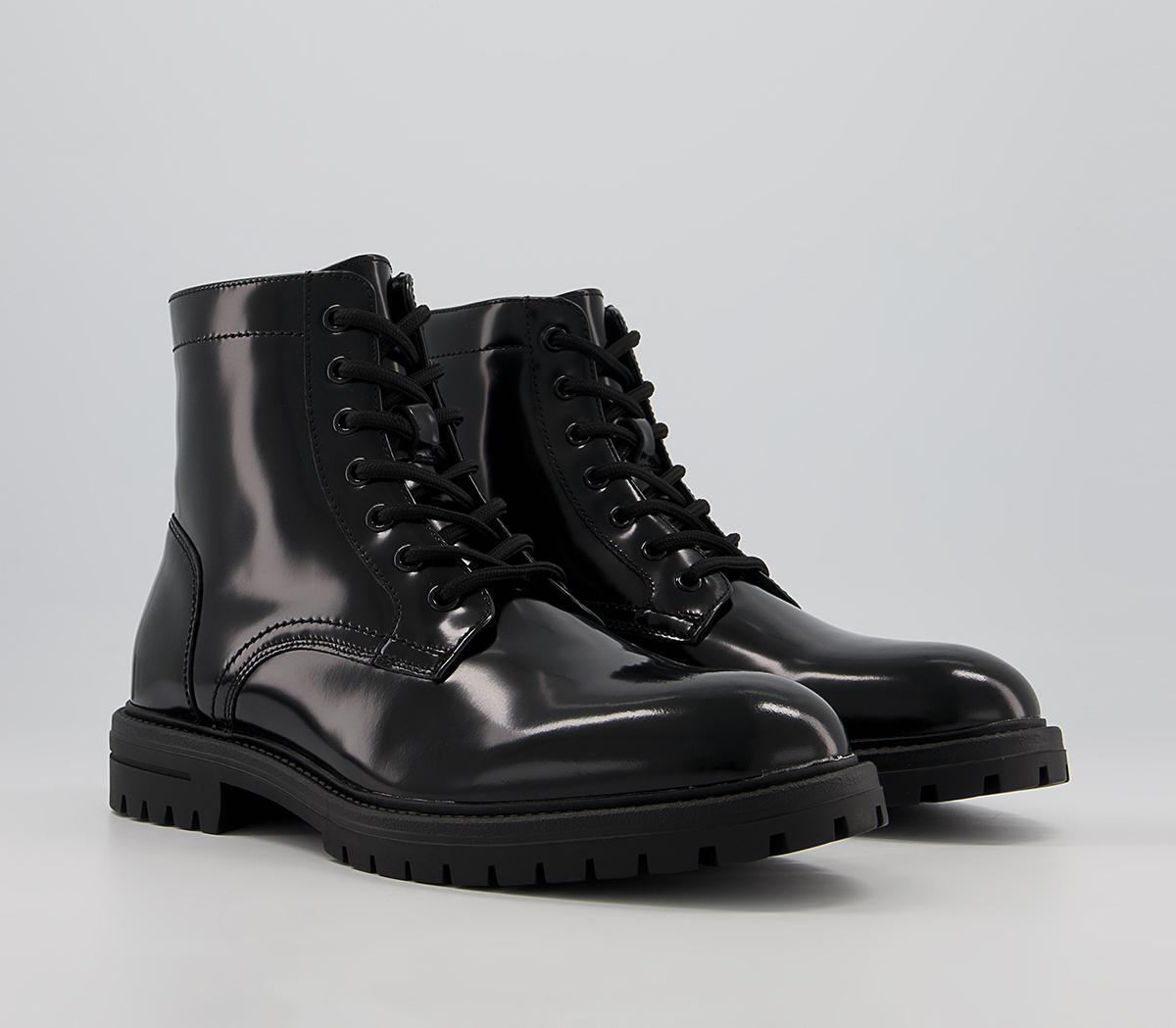 Office Bicester Round Toe Cleated Sole Lace Boots Office Bicester Round Toe Cleated Sole Lace Boots Black High Shine Leather