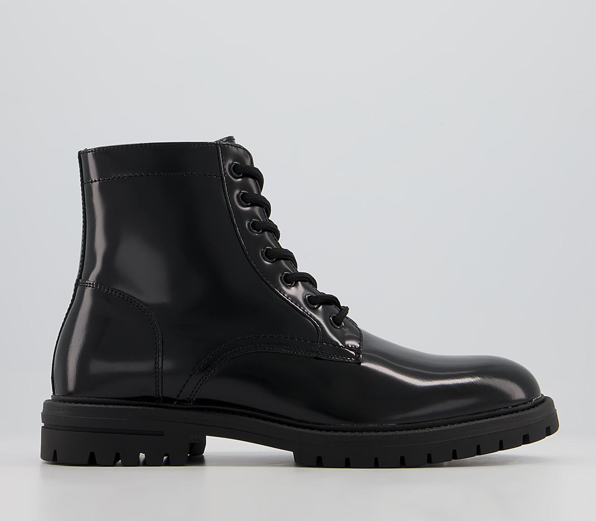 OFFICE Bicester Round Toe Cleated Sole Lace Boots Black High Shine ...
