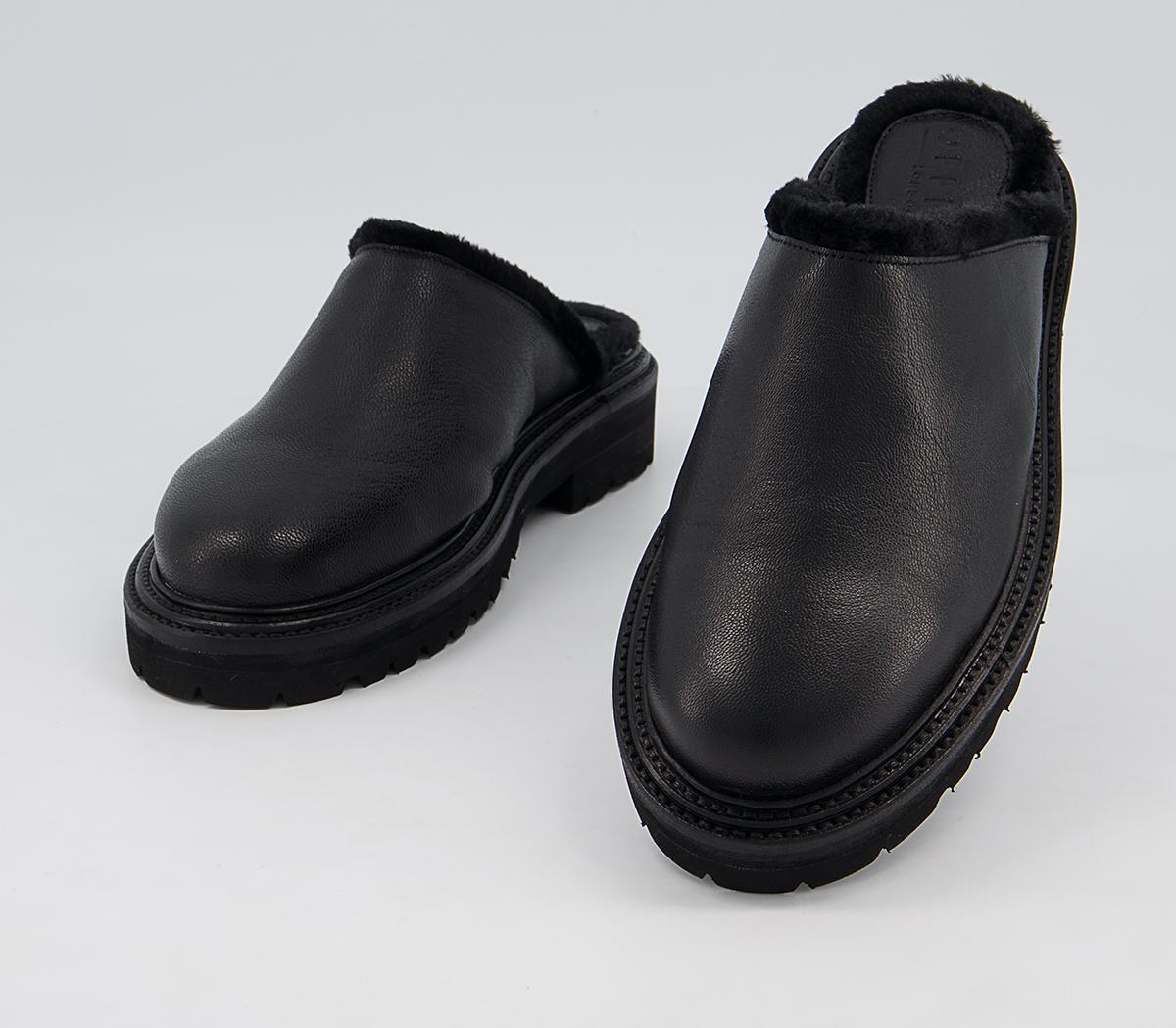 Office Flare Chunky Mules Office Flare Chunky Mules Black Leather With Faux Fur