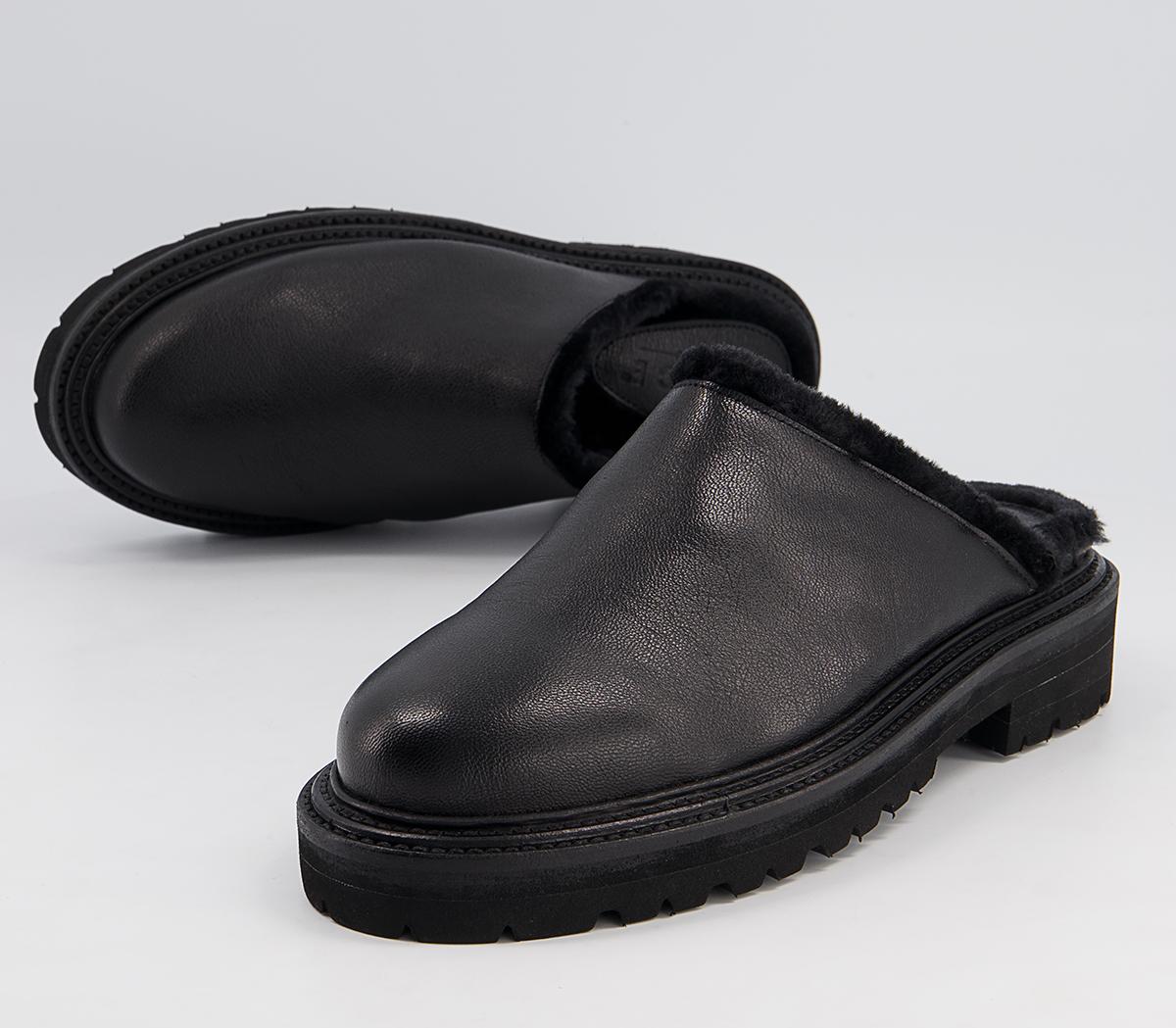 Office Flare Chunky Mules Office Flare Chunky Mules Black Leather With Faux Fur