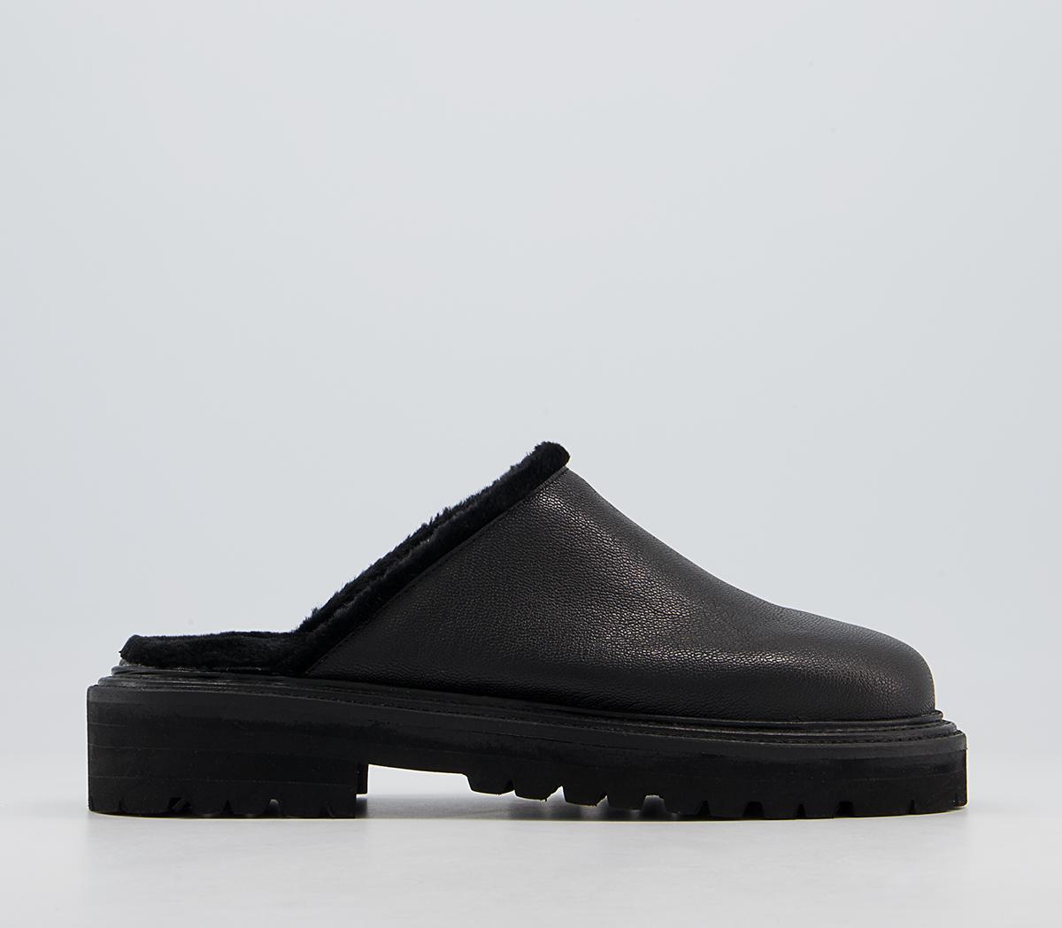 Office Flare Chunky Mules Office Flare Chunky Mules Black Leather With Faux Fur