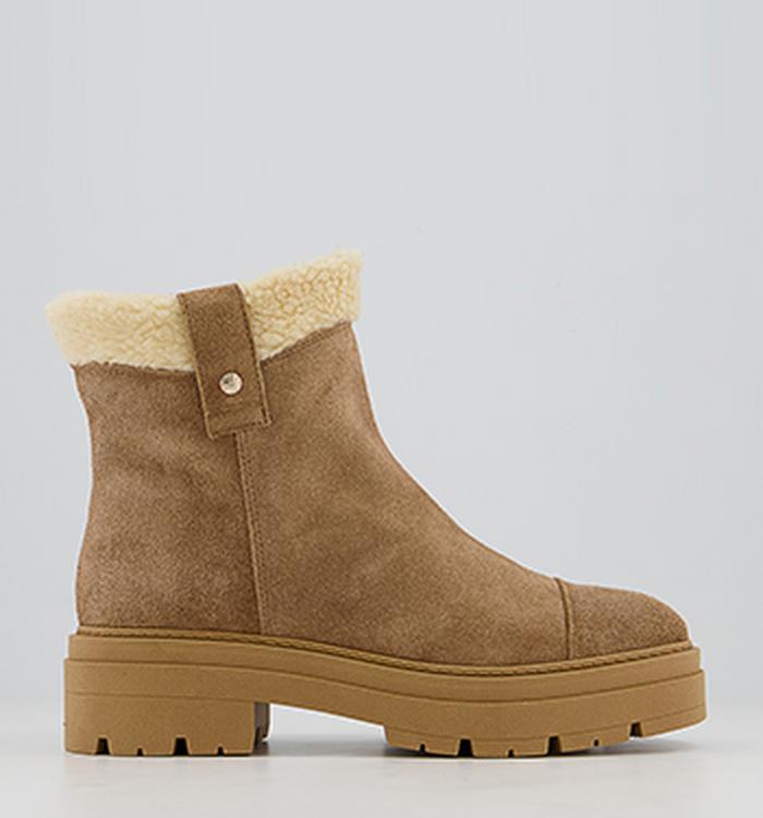 Office Assort Shearling Pull On Chunky Ankle Boots Camel Suede