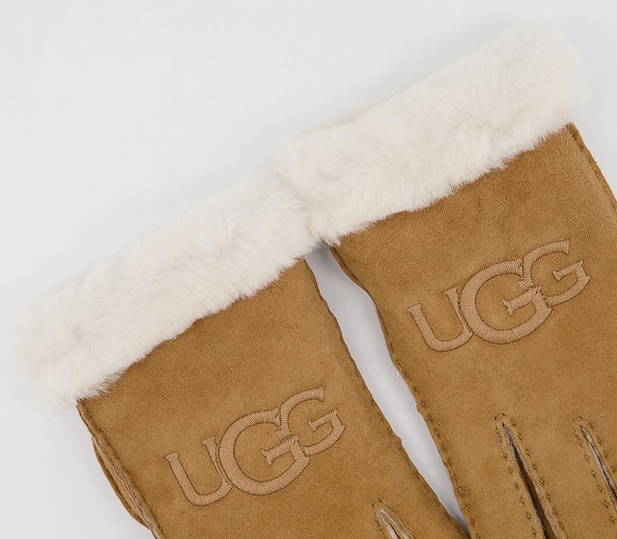 UGG Sheepskin Embroidered Logo Gloves Chestnut - Accessories