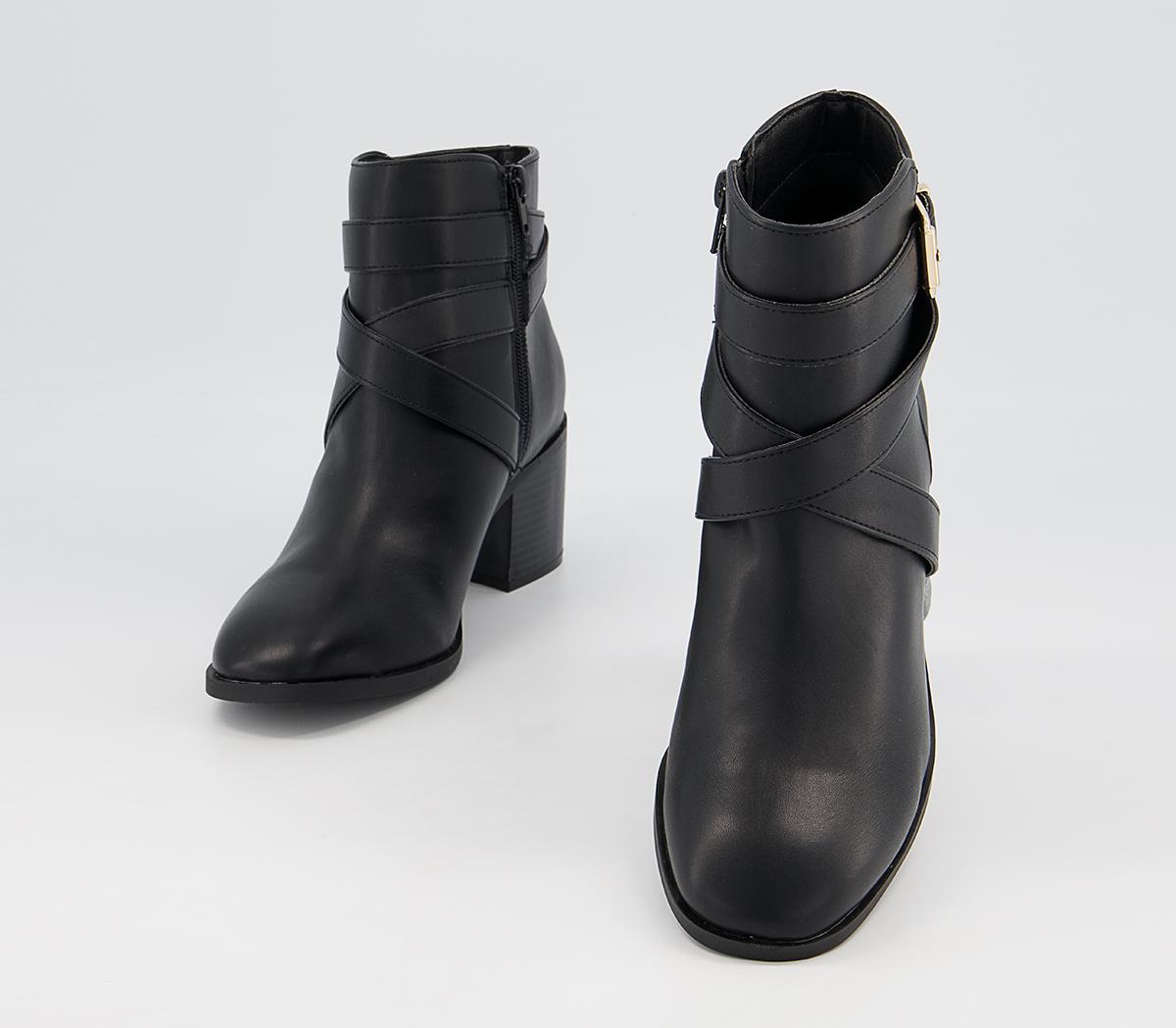 Office Artini Cross Strap Block Heeled Ankle Boots Office Artini Cross Strap Block Heeled Ankle Boots Black