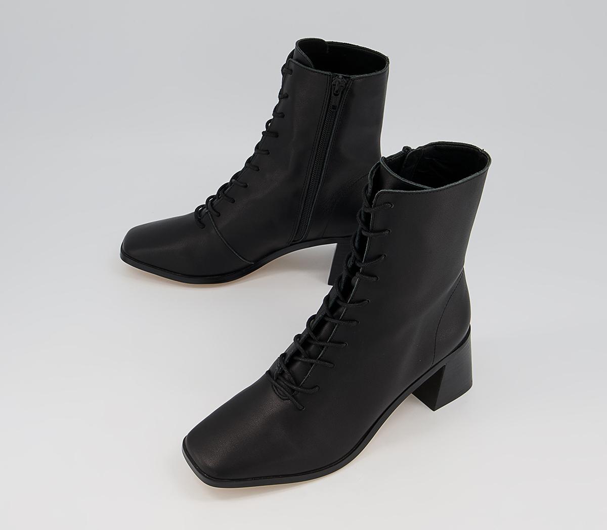 Office Amaze Low Lace Up Square Toe Block Heel Ankle Boots Office Amaze Low Lace Up Square Toe Block Heel Ankle Boots Black Leather