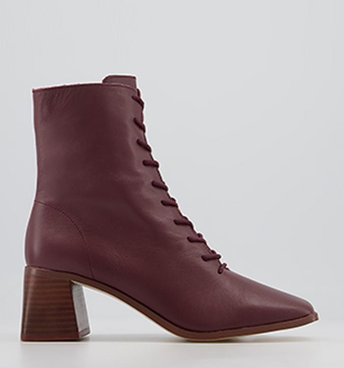 Office Amaze Low Lace Up Square Toe Block Heel Ankle Boots Oxblood Leather