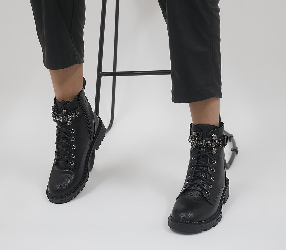 OFFICE Astonish Embellished Lace Up Ankle Boots Black - Women's Ankle Boots