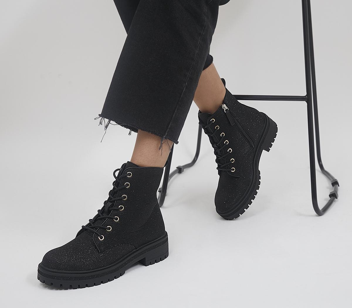 OfficeAmira Lace Up Ankle BootsBlack Silver Glitter