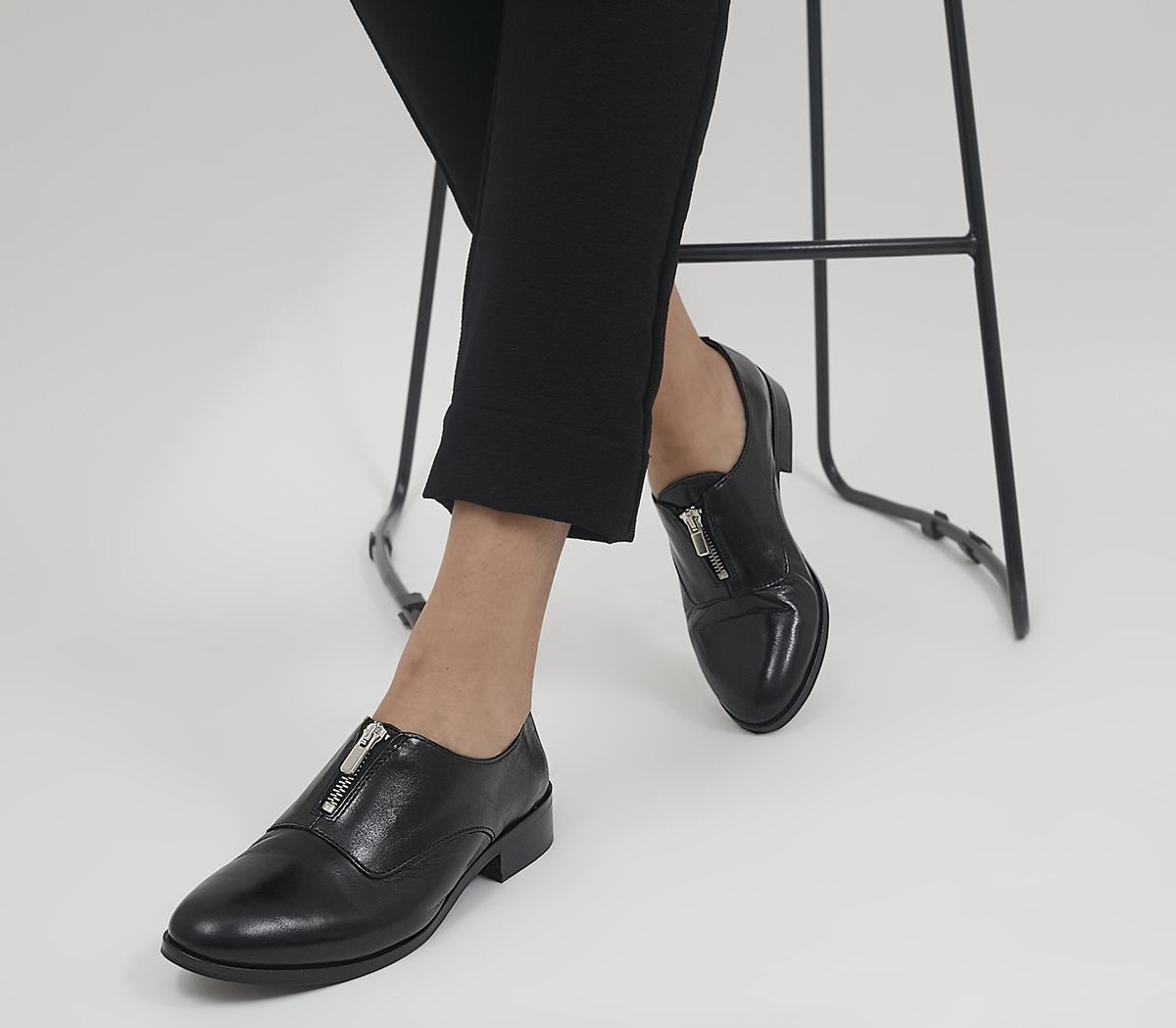 OFFICE Farly Front Zip Slip On Flats Black Leather - Flat Shoes for Women