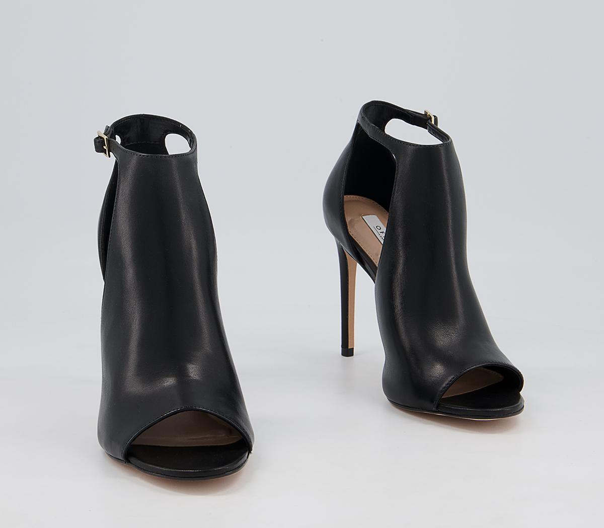 OFFICE Horseshoe Cut Out Open Toe Stiletto Shoe Boots Black Leather