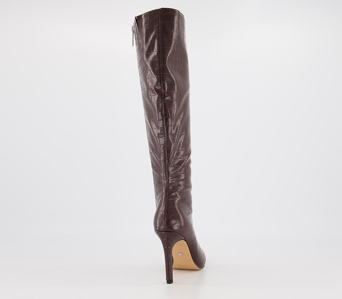 Office Knighted Pointed Toe Knee High Heeled Boots Office Knighted Pointed Toe Knee High Heeled Boots Chocolate Croc