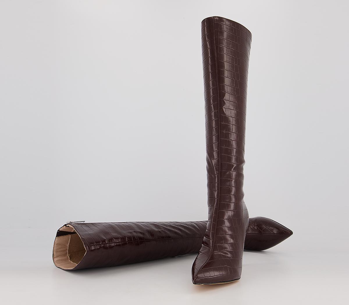 Office Knighted Pointed Toe Knee High Heeled Boots Office Knighted Pointed Toe Knee High Heeled Boots Chocolate Croc