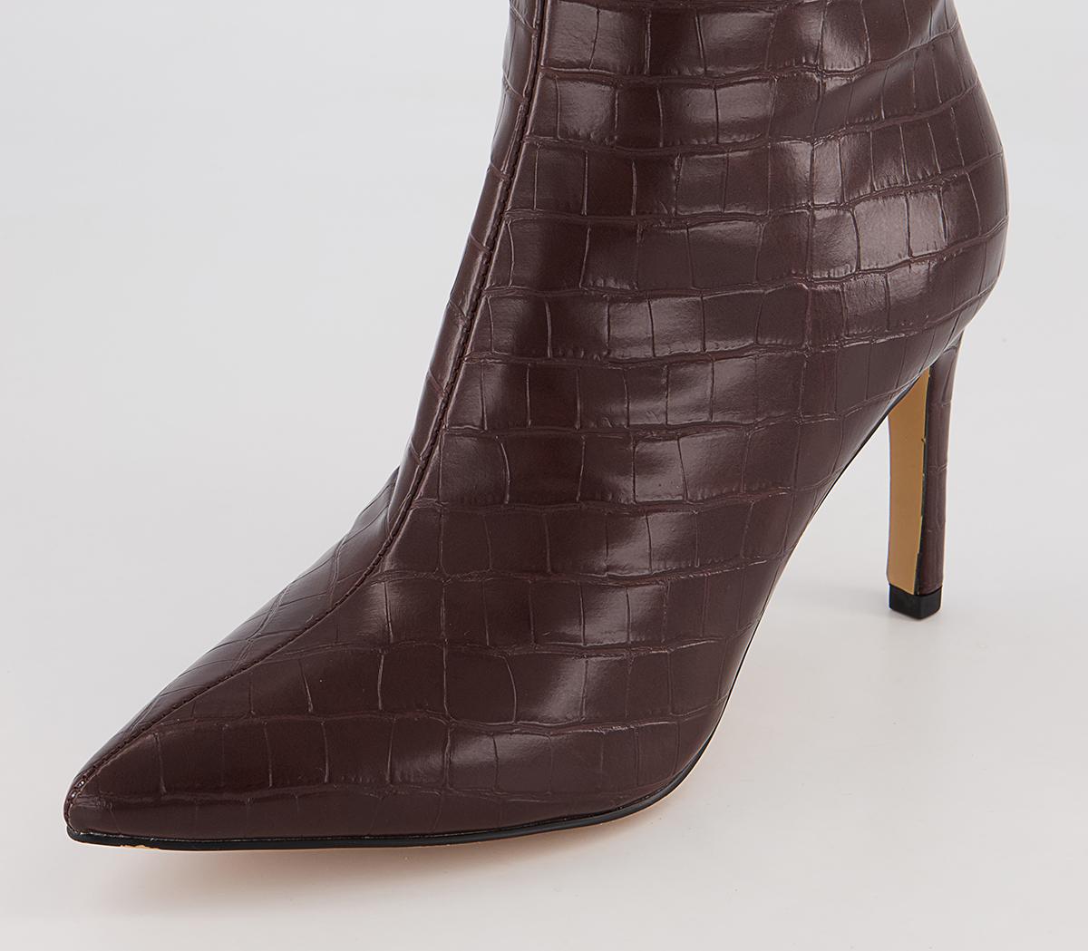 Office Knighted Pointed Toe Knee High Heeled Boots Office Knighted Pointed Toe Knee High Heeled Boots Chocolate Croc
