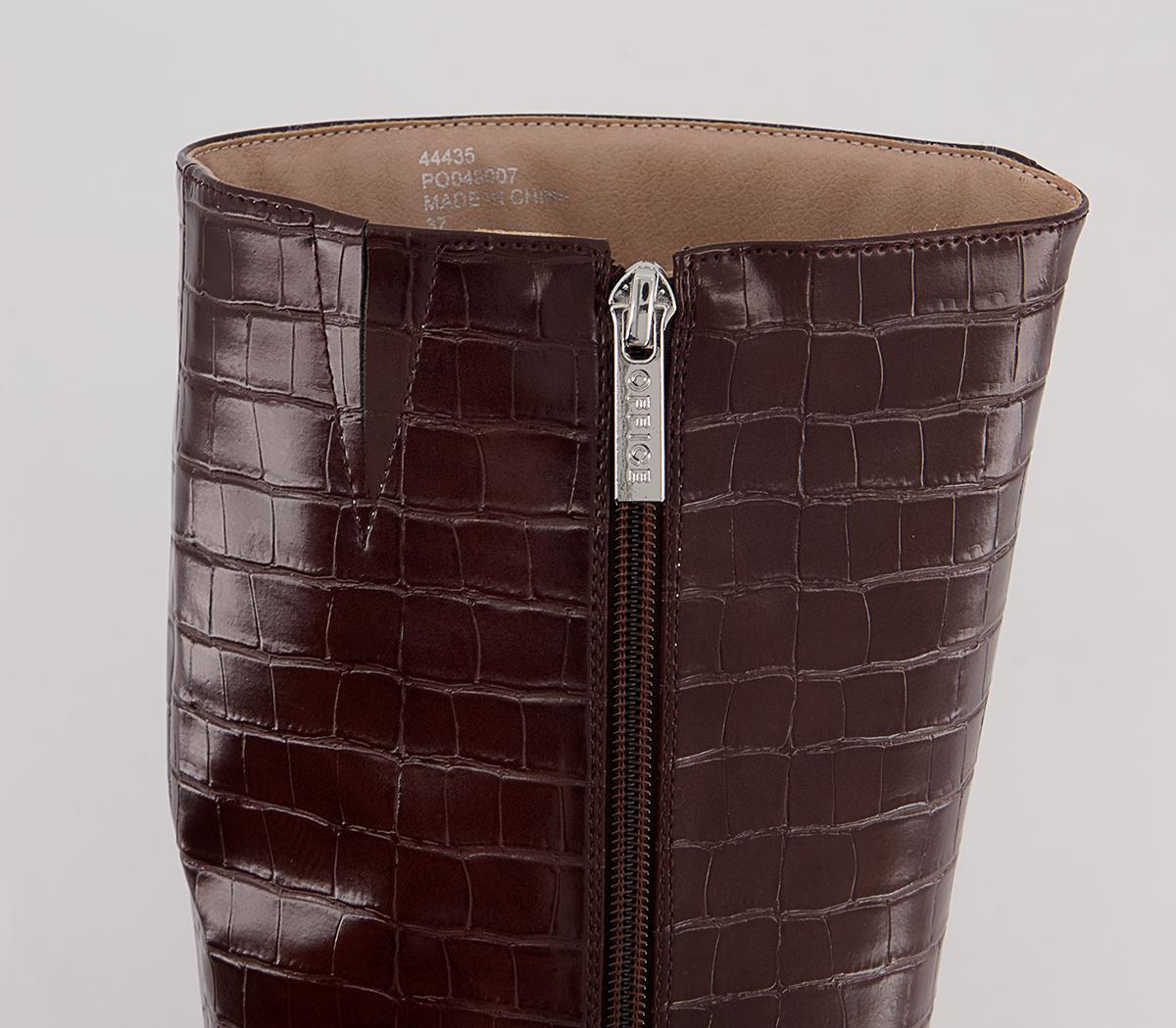 Office Knighted Pointed Toe Knee High Heeled Boots Office Knighted Pointed Toe Knee High Heeled Boots Chocolate Croc
