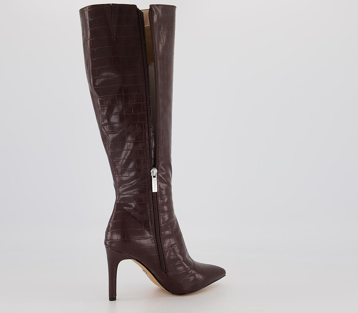 Office Knighted Pointed Toe Knee High Heeled Boots Office Knighted Pointed Toe Knee High Heeled Boots Chocolate Croc